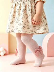 1 pieza Medias de niña con decoración de lazo de unicolor, adecuadas para uso diario - Rosa vieja - Ver 3
