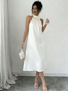 Elegant White Satin Midi Slip Dress - Floral Neckline Detail, Flowing, High Neck Spaghetti Strap - Cocktail Parties, Wedding Guests, And Summer Gatherings - Feminine, Refined, Gracefully Elegant - 白色 - 查看 7