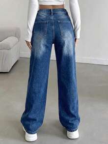 Casual Straight Loose Fit Jeans With Pockets, Suitable For Teenagers - Medium Wash - View 4