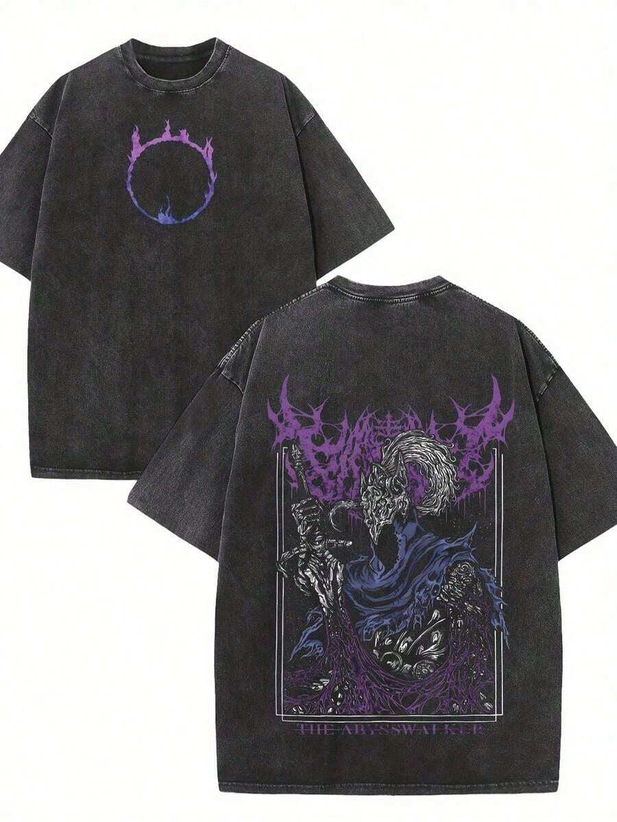 Men's Heavyweight Vintage Y2K Streetwear T-Shirt - Abyss Walker Graphic And Text Print, Loose Fit, Breathable Round Neck, Short Sleeves, Gothic Fantasy Art Design, Suitable For Music Festivals, Hip-Hop Style, Machine Washable Casual Summer T-Shirtsummer Outfits For Women - 黑色 - 查看 1