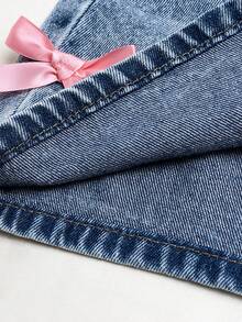 Young Girl's Sweet & Cute Light Wash Denim Bow Decor Hip-Covering Skirt, Fashionable Elastic Waist, Suitable For All Seasons - Light Wash - View 8