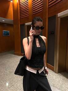 新款夏季蕾丝吊带露背修身吊带背心,带胸垫 - 黑色 - 查看 6