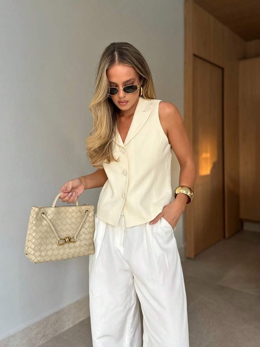 Women Summer Elegant Casual Chic Yellow Vest Sleeveless Button Front For Party Beach Vacation Business - Apricot - View 1