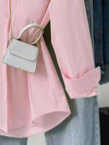 Women's Yellow Polyester Button Down Shirt, Dropped Shoulder Long Sleeve Regular Length Loose Fit Shirt, Solid Color Button Front Pocket - Elegant Basic Solid Color Shirt, Fashionable Lapel Long Sleeve Blouse, Casual Shirt For Spring And Autumn, Fashionable And Elegant Women's Shirt, Spring Clothes Women, Yellow Top - 粉色 - 查看 6