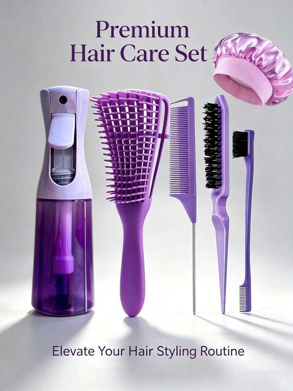 6/3pcs Hair Styling Tool Set | Includes 200ml Spray Bottle, Volume Comb, Tail Comb, Spray Wand For Wavy Texture, Hair Tie Set With 2pcs French Braid Tools, Leather Sheath Scissors, Detangling Brush Tail Comb For Edging, Braiding, Grooming Women Hairstyles