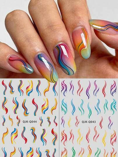 Bộ 2 miếng dán móng tay 3D Aurora Streamline - Họa tiết ngọn lửa ba chiều, đường nét động - Phong cách lễ hội âm nhạc / tiệc disco / Phong cách Y2K dễ thương tự làm trang trí móng tay