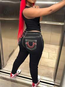 Women's High Waist Skinny Jeans, Black Denim Pants With Contrast Stitching & Red U-Embroidered Back Pockets, Casual Streetwear Stretchy Slim Trousers For Daily Wear - màu đen - Xem 8