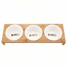 Bộ bát ăn cho chó mèo bằng gốm sứ, 3 bát đựng thức ăn và nước cho thú cưng, khung tre chống trượt, đồ dùng cho thú cưng. - Trắng - Xem 6