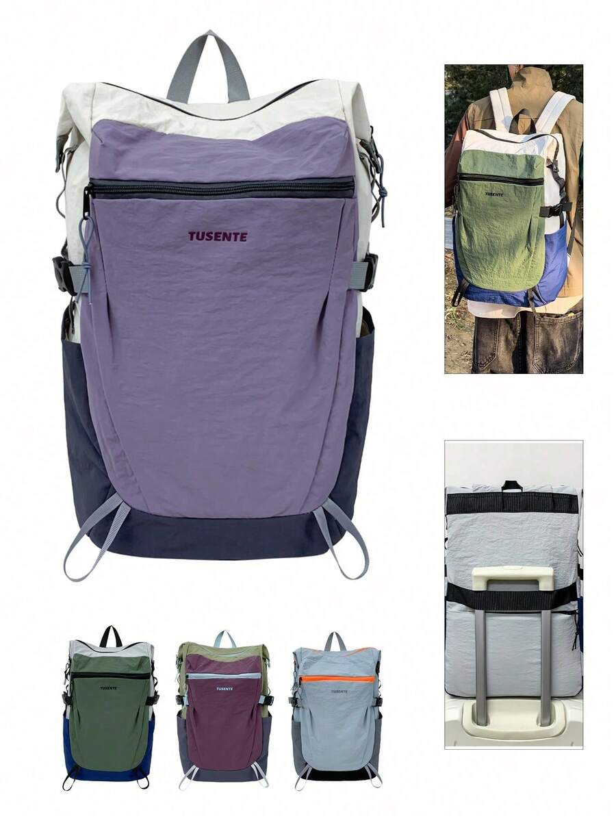 1 pieza Mochila de senderismo para hombre de gran capacidad, ligera, de nailon con bloqueo de color y cierre de cremallera, para actividades al aire libre y uso diario