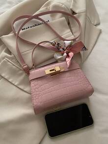 Crocodile Embossed Scarf Decor Flap Cover Handbag, Solid Color Embossed Tote Bag, Fashion Metal Lock Decor Mini Shoulder Crossbody Bag, Suitable For Home, Shopping, Commuting - Pink - View 7