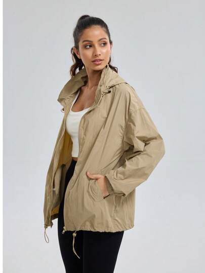 Khaki Lightweight Hooded Sun Protection Jacket For Women, Loose Casual Fashion, Detachable Hood, Adjustable Drawstring Hem, Versatile For Outdoor & Commute