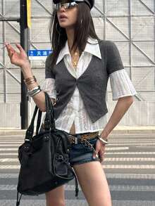 Blusa casual de verano para mujer con contraste de color, cuello de solapa, manga corta y botones delanteros 2 en 1 - Gris - Ver 8