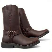 CHOOPER STYLE COWBOY BOOT WITH LEATHER RINGS RODEO MEN'S MOTORCYCLE WITH ANTI-SKID RUBBER SOLE - Chocolate Brown - View 5