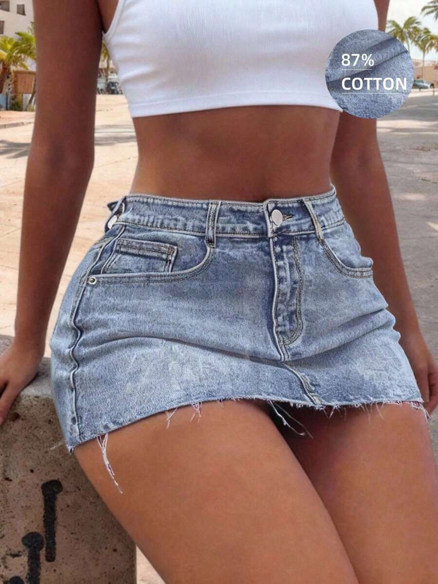 Y2K Distressed Denim A-Line High Waist Slim Fit Heart Shaped Bodycon Mini Skirt Casual Summer - Light Wash - View 1