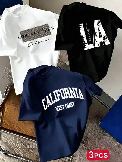 3pcs/Set Tween Boys' Popular City Landmark Print Round Neck Short Sleeve T-Shirts, Suitable For Boys' Daily Wear, Campus, Street Style, Fashionable Summer Tops