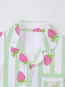 2pcs/Set Women's Pajama Set, Striped Strawberry Print, Women's Loungewear, Spring/Summer Holiday Outfit, Short Sleeve Lapel Top And Shorts Set Suitable For Outdoor Wear - Multicolor - View 3