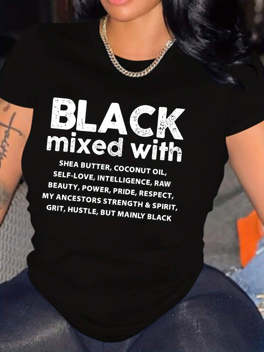 Camiseta de algodón de manga corta para mujer, con estampado de letras y cuello redondo, camiseta casual de manga corta para primavera y verano, ropa de mujer. - Negro - Ver 1
