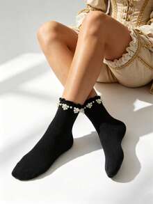 1对女士褶皱珍珠耳环，欧式复古贵族风格，适合搭配连衣裙、七分裤、参加派对、约会、旅行 - 黑色 - 查看 1