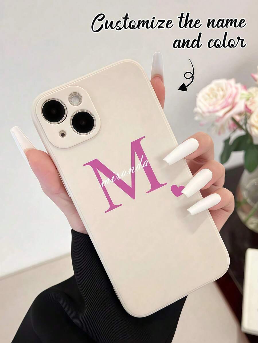 1 pieza Funda de teléfono líquida de TPU, adecuada para el Día de la Madre, el Día del Padre, San Valentín, cumpleaños, parejas, padres e hijos, gato, perro, elementos florales, mariposa, compatible con Apple/Galaxy/Honor/teléfonos, funda de teléfono personalizable con fuente de corazón única - Albaricoque - Ver 1