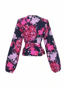 Áo kiểu tay phồng in hoa, xoắn eo, thích hợp cho kỳ nghỉ. - Màu Hồng Tươi - Xem 5