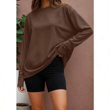 Womens Oversized Long Sleeve Shirts  Crew Neck Baggy Active Basic Tee Spring Workout Tops Y2k Clothing - 01-brown - View 2