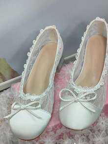 Gentle Princess Style Wedding Shoes Bridesmaid Shoes Lace Mesh Ruffle Bow Ballet Mary Jane Women's Shoes Slimming Foot Crystal Transparent Heel Breathable Versatile - White - View 17
