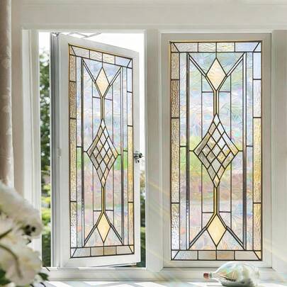 Classic Geometric Pattern Iridescent Rainbow-Effect Window Film, Adhesive-Free, Removable, Electrostatically Adsorbent Privacy Glass Film, Suitable For Kitchen Cabinets, Living Room, Bedroom, And Bathroom Decoration.