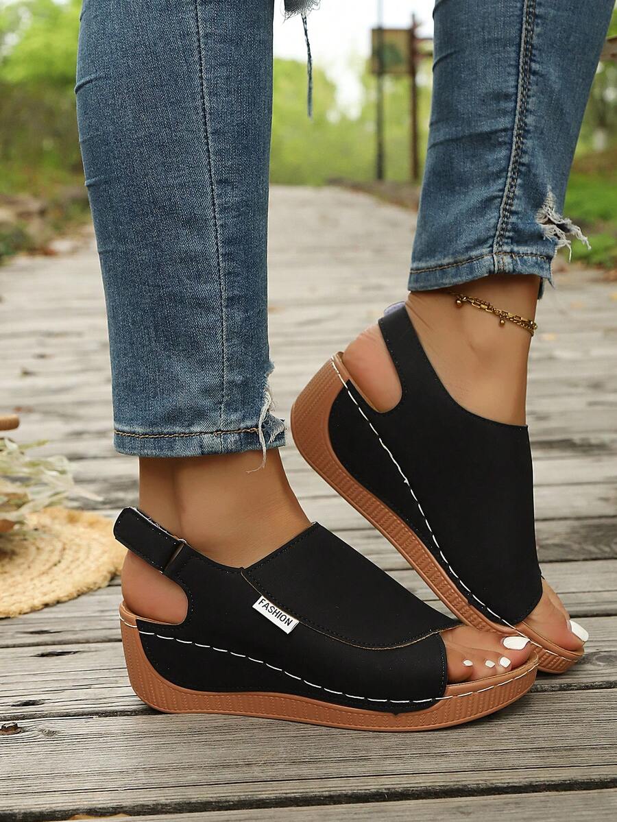 2026 Sandalias de cuña con suela gruesa para mujer, sandalias elegantes, cómodas y transpirables para la playa, adecuadas para fiesta, punk, preppy, vacaciones, bohemia, casual, retro, viajes, negocios, fiesta, vacaciones, boda, campus, al aire libre, oficina - Negro - Ver 1