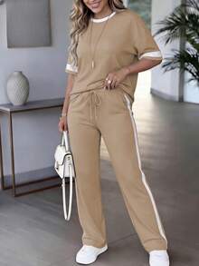 Spring/Summer Women's 2 Pieces Set, Casual Versatile Contrast Color Round Neck Short Sleeve Top And High Waist Drawstring Straight Leg Pants Elegant - Khaki 16 - View 3