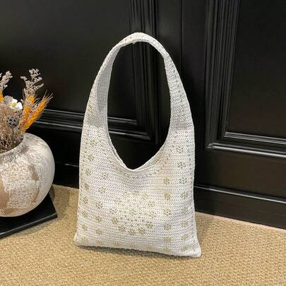 1个春季纯色PU布单肩包，女士复古时尚草编包，顶部单提手设计，按扣闭合，可调节肩带，适合办公室、校园、工作、通勤、户外、旅行和休闲场合。