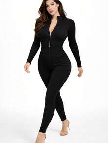 Women's High Neck Jumpsuit, In Premium 3D Rib. Full-Bodied. Virginia, Front Zipper. ZERO TRANSPARENCY. Long Sleeve. - Preto - View 16