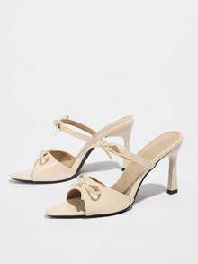 Women's High Heel Sandals, French Apricot Patent Leather Bow Tie One-Strap Open Toe High Heel Sandals For Summer, Thin Heel Peep Toe Elegant Pumps, Western Style Wedding Buckle Party High Heels For Women - Apricot - View 6