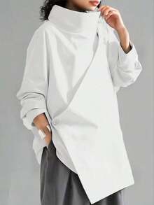 Women's Casual High Neck Loose Pullover Sweater, Solid Color Woven Fabric, Button Decor, Suitable For Office, Daily Wear, Vacation, Spring/Autumn White - White - View 1