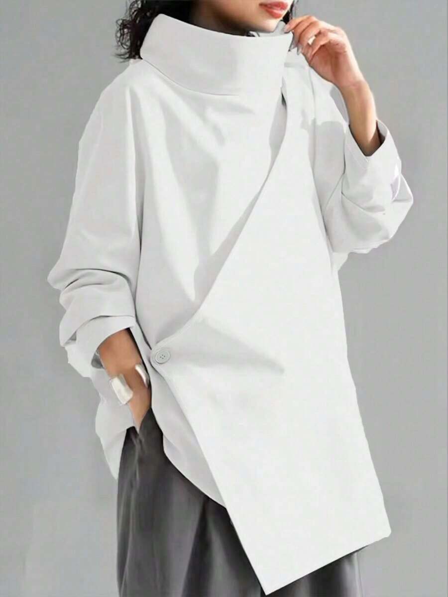 Women's Casual High Neck Loose Pullover Sweater, Solid Color Woven Fabric, Button Decor, Suitable For Office, Daily Wear, Vacation, Spring/Autumn White - White - View 1