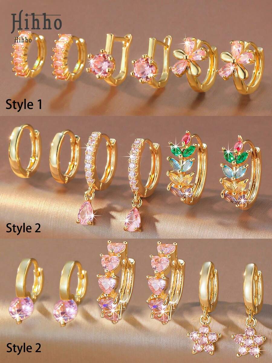 Hihho 6件套粉色系列耳环套装,简约时尚,镶嵌闪亮立方氧化锆,花朵、麦穗、心形耳环,多种款式可选,奢华珠宝耳环礼品 - 金黃色 - 查看 1