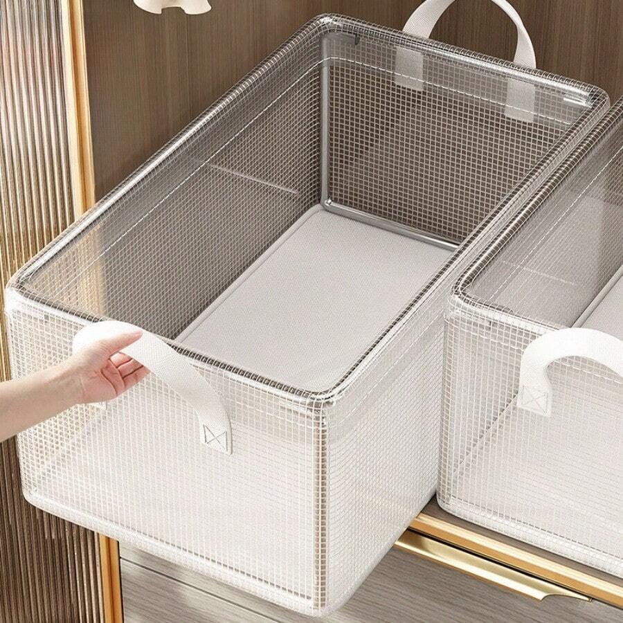 1 pieza Caja de almacenamiento plegable con tapa, caja de almacenamiento transparente multifuncional de gran capacidad, caja de almacenamiento con asa, a prueba de polvo y humedad con cubierta, ahorro de espacio, fácil de organizar y almacenar, caja de almacenamiento multifuncional, organizador de almacenamiento transparente, caja de almacenamiento reforzada, adecuada para el hogar, dormitorio, armario y otras ocasiones, decoración del hogar, decoración de la habitación