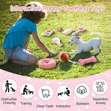 狗狗玩具，幼犬磨牙玩具，粉色软橡胶幼犬玩具，清洁护理牙齿，趣味骨头形状球，橡胶绳，适合小型猫狗 - 彩色 - 查看 4
