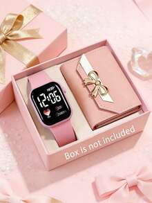 2/1pc Girl's Fashionable Elegant LED Heart-Shaped Digital Display Electronic Watch, Paired With Stylish Multifunctional Wallet, Suitable As Birthday/Holiday Gift For Girls, Great For Back To School, Parties, Travel And Daily Life. Graduation Season, Mother's Day, Gift For Family And Friends - Multicolor - View 2