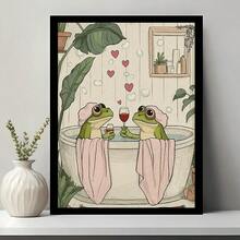 1pc Vintage Cute Frog Couple Pattern Canvas Wall Art, Aesthetic Cartoon Rectangular Poster Heart-Shaped Bathtub Design, Suitable For Bedroom Bathroom Decor Gift, Unframed - Retro - View 1