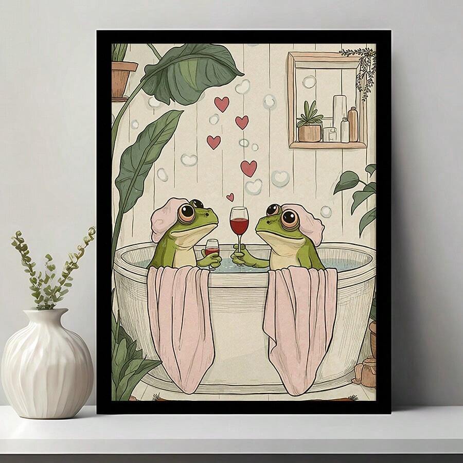 1pc Vintage Cute Frog Couple Pattern Canvas Wall Art, Aesthetic Cartoon Rectangular Poster Heart-Shaped Bathtub Design, Suitable For Bedroom Bathroom Decor Gift, Unframed - Retro - View 1