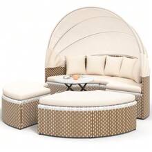 Garden Lounge Chair Set, Sun Island, Rattan Garden Table And Chair Set, Shell Garden Lounge Chair Bed, Extendable Canopy, Liftable Tabletop, Beige, Including All Cushions And Seat Cushions - A - View 8
