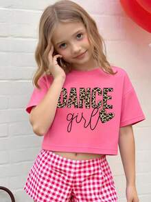 1pc Leopard Print Letter Graphic Round Neck Short Sleeve T-Shirt For Girls, Leopard Heart Pattern - Hot Pink - View 2