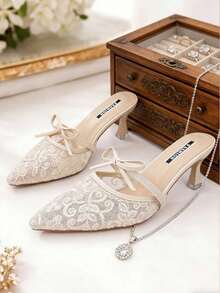 Women's Fashionable Summer Elegant Breathable Mesh Embroidered Stiletto Slip-On Beige Sandals, Suitable For Daily Commute, Dates, Weddings - Màu be - Xem 6