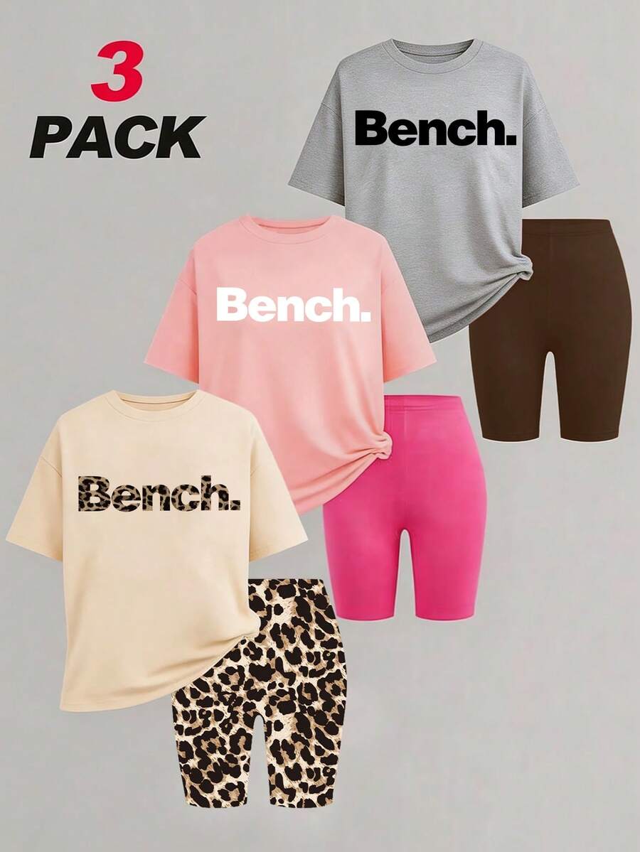 Bộ 6 món áo thun và quần short thường ngày cho nữ tuổi teen, in chữ kiểu tối giản, phù hợp mặc hàng ngày, đi học, đi chơi, thể thao. - Nhiều màu - Xem 1