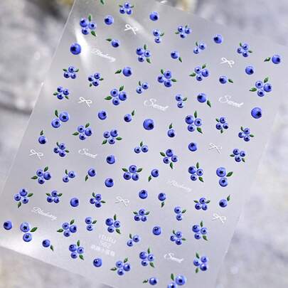 1片5D精致果冻蓝莓美甲贴纸 可爱甜美蓝色水果美甲装饰贴花配件 DIY