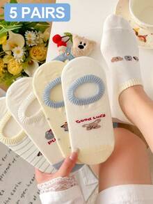 1/5 đôi tất nữ ngẫu nhiên họa tiết hoạt hình gấu chó, chất liệu silicon chống trượt, thoáng khí, thấm hút tốt, kiểu dáng thường ngày, dễ thương, miệng nông, không lộ nội y. - Nhiều màu - Xem 11