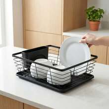 Escorredor de talheres de aço e plástico preto (1 peça) com caixa organizadora para utensílios. Grande capacidade, ideal para bancada, com bandeja coletora de gotas. Organizador de cozinha compacto para pratos e tigelas, otimiza o espaço da pia. - Ver 1