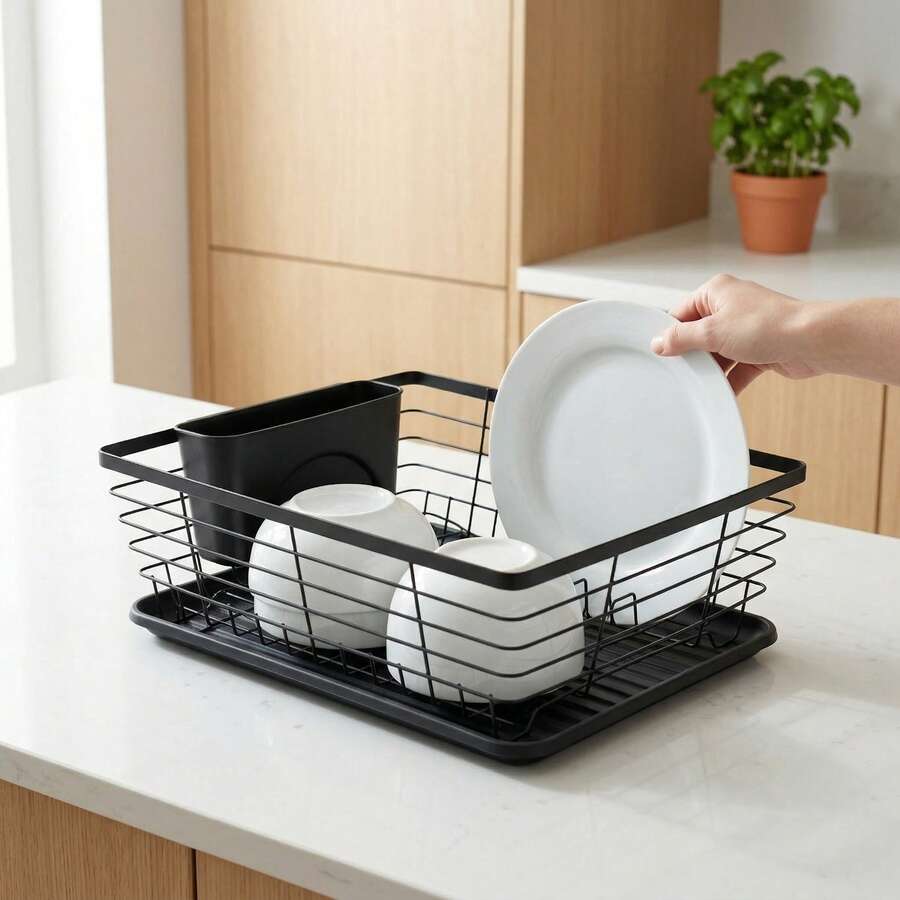Escorredor de talheres de aço e plástico preto (1 peça) com caixa organizadora para utensílios. Grande capacidade, ideal para bancada, com bandeja coletora de gotas. Organizador de cozinha compacto para pratos e tigelas, otimiza o espaço da pia. - Ver 1