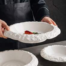 2 Pcs 10&8 Inch Textured Rock Pattern Wide Rim Ceramic Plates, Light Luxury High-Grade Large Capacity Deep Plates, Multipurpose For Soup, Dishes & Fruits. - White - View 4