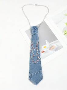 1pc Women's Fashion Punk Style Pierced Chain With Faux Crystal Cross Decor Chain, Denim Blue Bolo Tie Suitable For Casual, Party, Daily Wear,Graduation Outfit,Disco - Navy Blue - View 2
